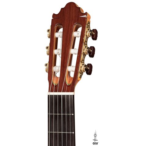 The headstock and tuners of a 2023 Vicente Carrillo "Primera Especial" made with cedar and African rosewood