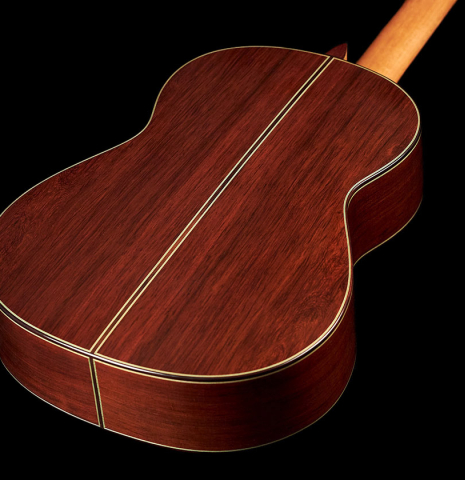 The back of a Vicente Carrillo "Primera Especial" classical guitar made with spruce and African rosewood.