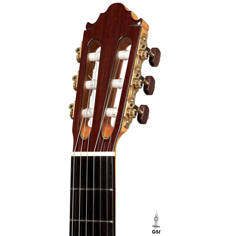 The headstock of a Vicente Carrillo "Primera Especial" classical guitar made with spruce and African rosewood.