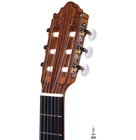 The headstock and tuners of a Vicente Carrillo "India Estudio" guitar made with cedar and Indian rosewood