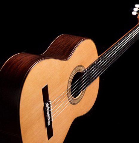 The front and side of a Vicente Carrillo "India Estudio" guitar made with cedar and Indian rosewood