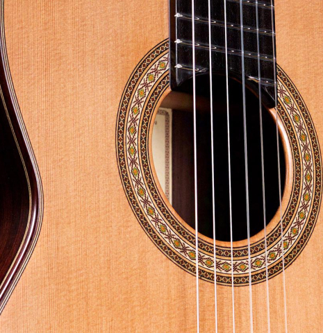 The front and side of a Vicente Carrillo "India Estudio" guitar made with cedar and Indian rosewood