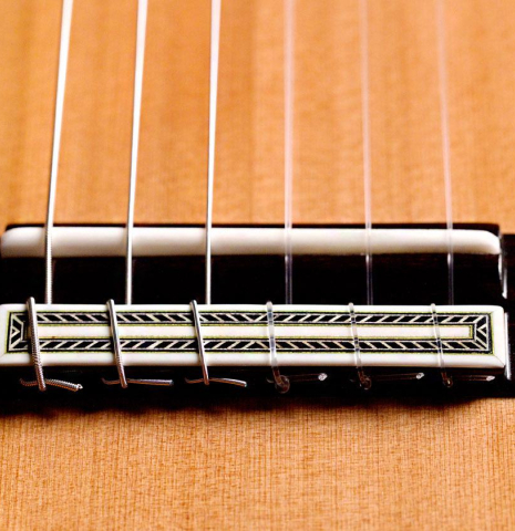 The bridge and saddle of a Vicente Carrillo "India Estudio" guitar made with cedar and Indian rosewood