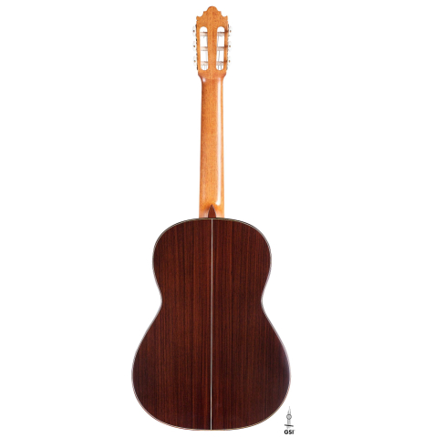 The back of a Vicente Carrillo "India Estudio" guitar made with cedar and Indian rosewood