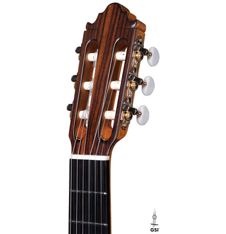 The headstock of a 2022 Vicente Carrillo &quot;India Estudio 640&quot; made with spruce and Indian rosewood