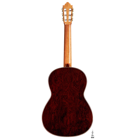 The back of a 2021 Vicente Carrillo "Maestro Double Top" classical guitar made with cedar soundboard and African rosewood back and sides
