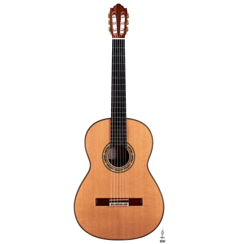 The front of a 2021 Vicente Carrillo &quot;Maestro Double Top&quot; classical guitar made with cedar soundboard and African rosewood back and sides
