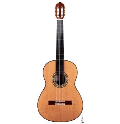 The front of a 2021 Vicente Carrillo "Maestro Double Top" classical guitar made with cedar soundboard and African rosewood back and sides