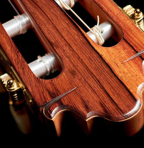 The headstock of a 2021 Vicente Carrillo "Maestro Double Top" classical guitar made with cedar soundboard and African rosewood back and sides