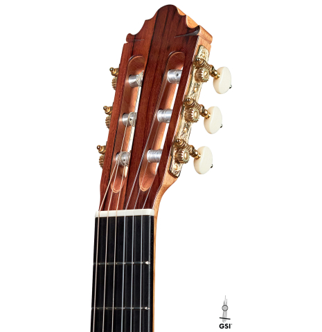 The headstock of a 2021 Vicente Carrillo &quot;Maestro Double Top&quot; classical guitar made with cedar soundboard and African rosewood back and sides