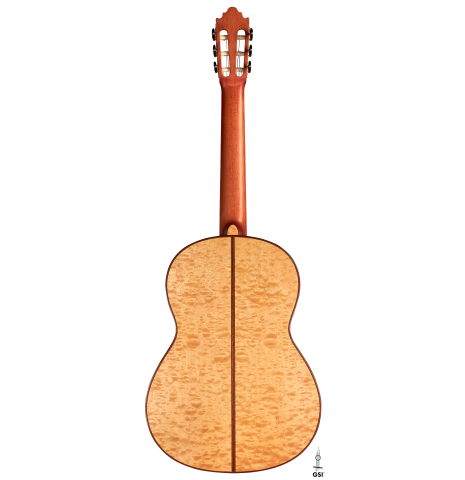 The back of a2022 Vicente Carrillo &quot;Maestro Double Top&quot; classical guitar made with spruce top and maple back and sides