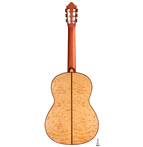 The back of a2022 Vicente Carrillo "Maestro Double Top" classical guitar made with spruce top and maple back and sides