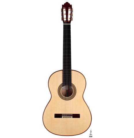 The front of a2022 Vicente Carrillo &quot;Maestro Double Top&quot; classical guitar made with spruce top and maple back and sides