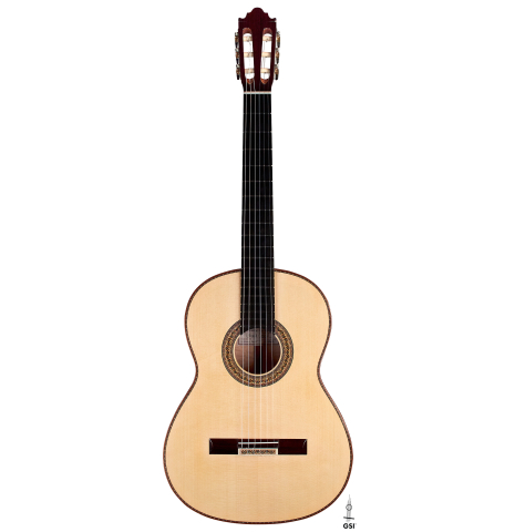 The front of a2022 Vicente Carrillo "Maestro Double Top" classical guitar made with spruce top and maple back and sides