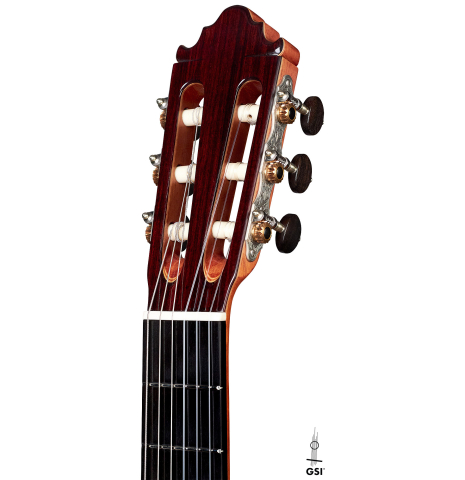 The headstock and tuners of a2022 Vicente Carrillo "Maestro Double Top" classical guitar made with spruce top and maple back and sides