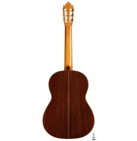 The back of a 2024 Vicente Carrillo "Herencia" classical guitar made of cedar and Indian rosewood
