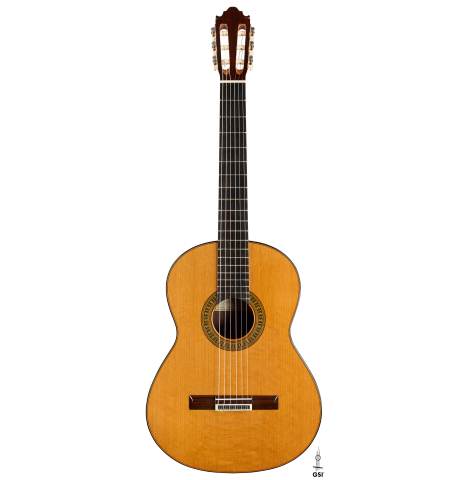 The front of a 2024 Vicente Carrillo "Herencia" classical guitar made of cedar and Indian rosewood