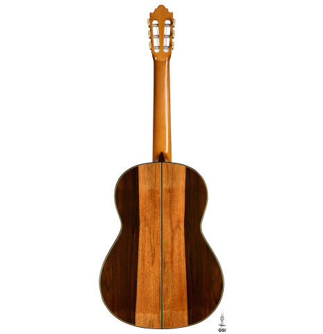 The back of a 2025 Vicente Carrillo "Primera Especial" classical guitar made of cedar and Malaysian blackwood