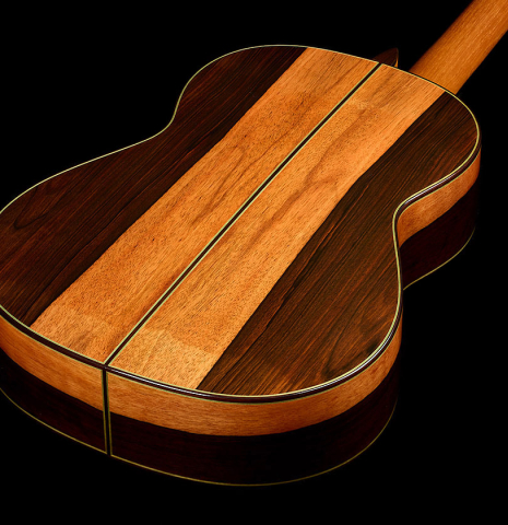 The back and sides of a 2025 Vicente Carrillo "Primera Especial" classical guitar made of cedar and Malaysian blackwood