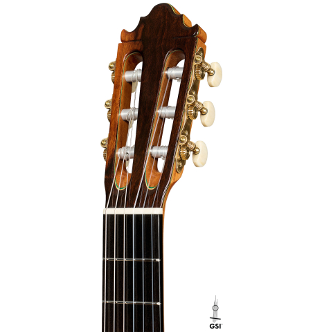 The headstock of a 2025 Vicente Carrillo "Primera Especial" classical guitar made of cedar and Malaysian blackwood