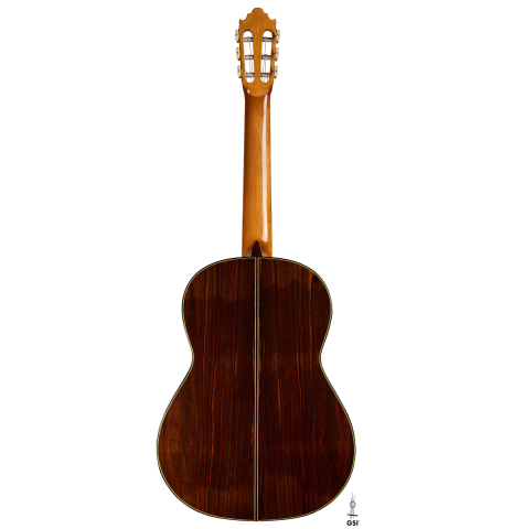 The back of a 2025 Vicente Carrillo "Primera Especial" classical guitar made of cedar and Malaysian blackwood
