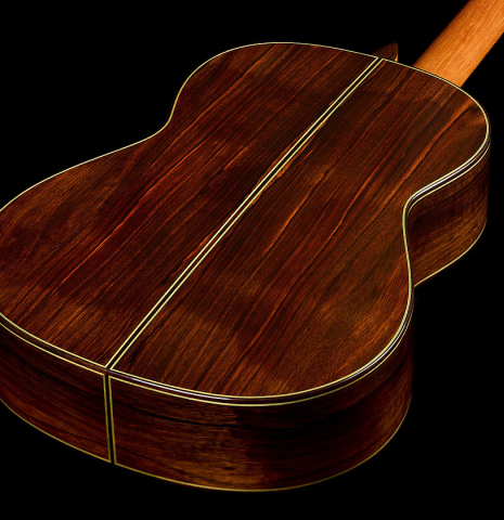 The back and sides of a 2025 Vicente Carrillo "Primera Especial" classical guitar made of cedar and Malaysian blackwood