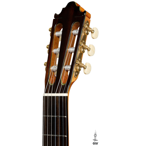 The headstock of a 2025 Vicente Carrillo "Primera Especial" classical guitar made of cedar and Malaysian blackwood