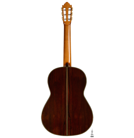 The back of a 2025 Vicente Carrillo "Primera Especial" classical guitar made of spruce and Malaysian blackwood
