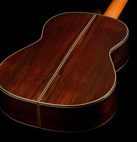 The back and sides of a 2025 Vicente Carrillo "Primera Especial" classical guitar made of spruce and Malaysian blackwood