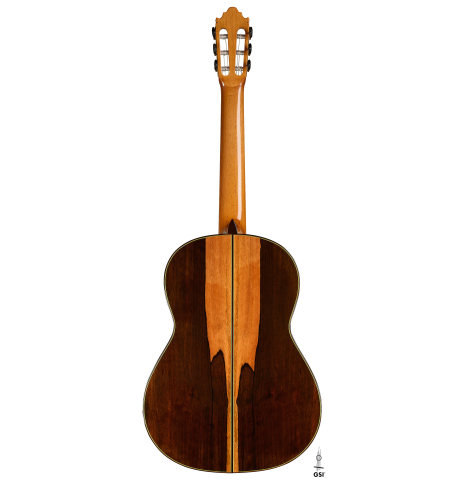 The back of a 2025 Vicente Carrillo "Primera Especial" classical guitar made of spruce and Malaysian blackwood
