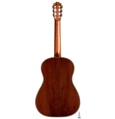 The back of a 2023 Gerardo Centonze classical guitar made of cedar and African rosewood
