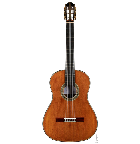 The front of a 2023 Gerardo Centonze classical guitar made of cedar and African rosewood