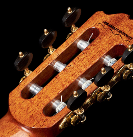 The back of the headstock of a 2023 Gerardo Centonze classical guitar made of cedar and African rosewood