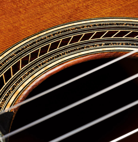 Detail of the rosette of a 2023 Gerardo Centonze classical guitar made of cedar and African rosewood