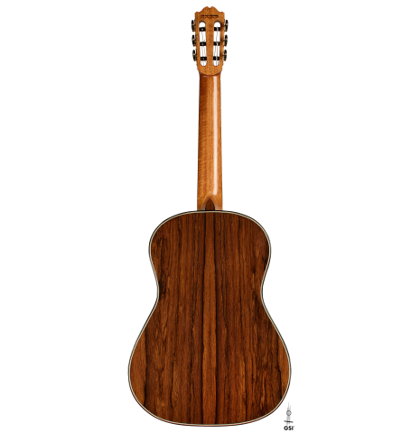The back of a 2025 Gerardo Centonze classical guitar made of cedar and African rosewood