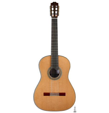 The front of a 2025 Gerardo Centonze classical guitar made of cedar and African rosewood