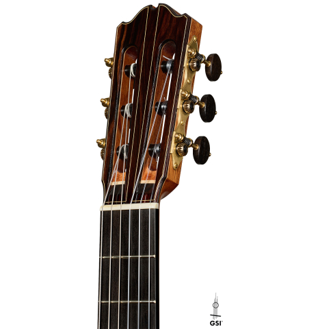 The headstock of a 2025 Gerardo Centonze classical guitar made of cedar and African rosewood