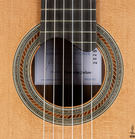 The rosette of a 2025 Gerardo Centonze classical guitar made of cedar and African rosewood