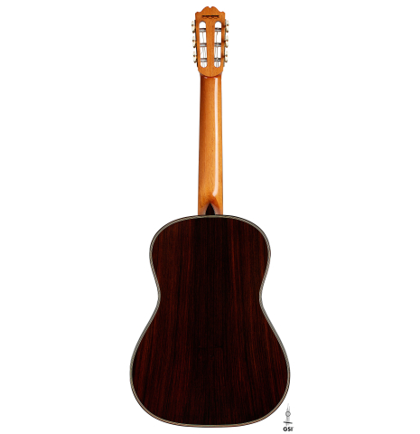The back of a 2024 Gerardo Centonze classical guitar made of spruce and Indian rosewood