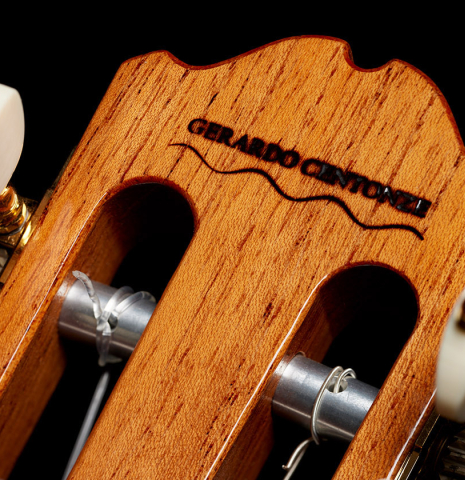 The back of the headstock of a 2024 Gerardo Centonze classical guitar made of spruce and Indian rosewood