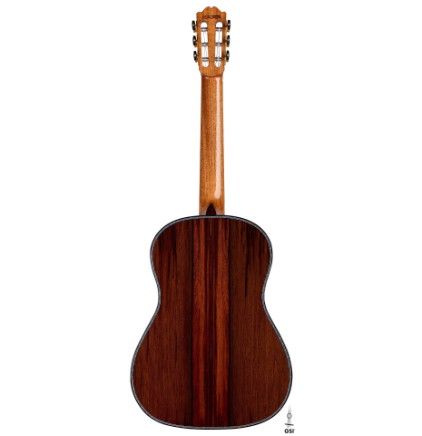 The back of a 2026 Gerardo Centonze "The Blue Guitar" classical guitar made of spruce and African rosewood