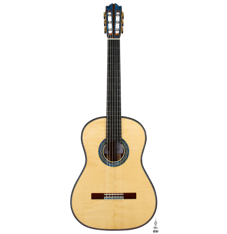 The front of a 2026 Gerardo Centonze "The Blue Guitar" classical guitar made of spruce and African rosewood