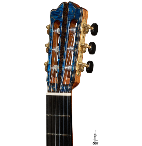 The headstock of a 2026 Gerardo Centonze "The Blue Guitar" classical guitar made of spruce and African rosewood