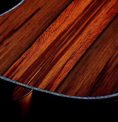 The heel, back binding and purfling of a 2026 Gerardo Centonze "The Blue Guitar" classical guitar made of spruce and African rosewood