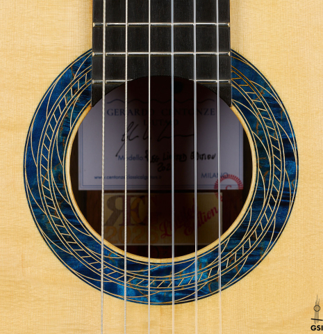 The rosette of a 2026 Gerardo Centonze "The Blue Guitar" classical guitar made of spruce and African rosewood