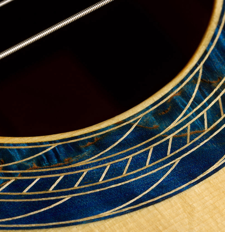 The blue rosette of a 2026 Gerardo Centonze "The Blue Guitar" classical guitar made of spruce and African rosewood