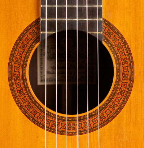The rosette of a 1968 Manuel de la Chica classical guitar made with spruce and CSA rosewood.