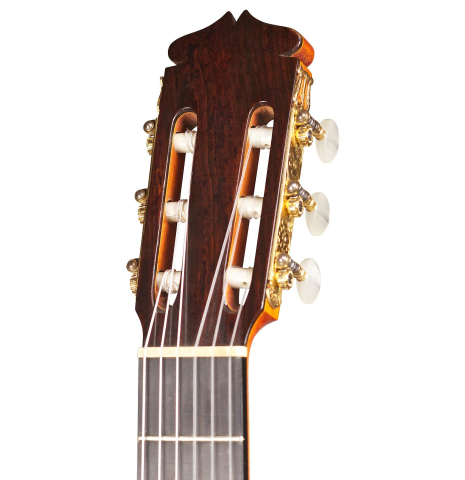 The headstock of a 1968 Manuel de la Chica classical guitar made with spruce and CSA rosewood.