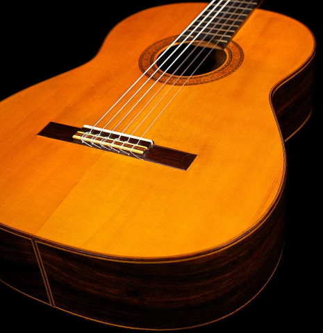 The front of a 1968 Manuel de la Chica classical guitar made with spruce and CSA rosewood.
