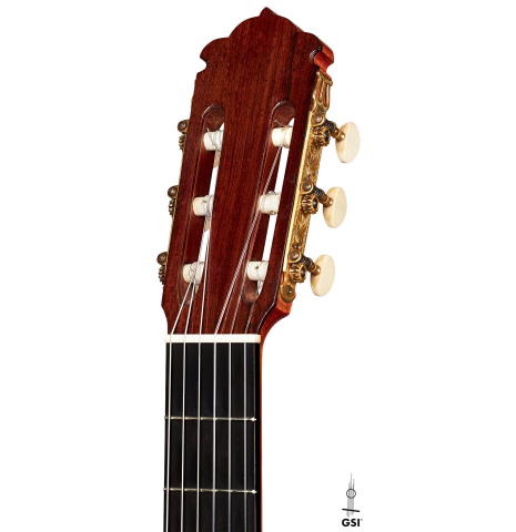 The headstock of a 1964 Manuel de la Chica (ex Frederick Noad) classical guitar made of spruce and CSA rosewood